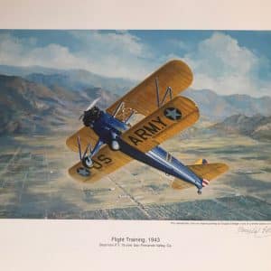 Flight training 1943. Stearman P.T.15 over San Fernando Valley Ca. Original art print by Douglas Ettridge 1927-2009. Signed and numbered 104/500 MODERN ART Antique Art